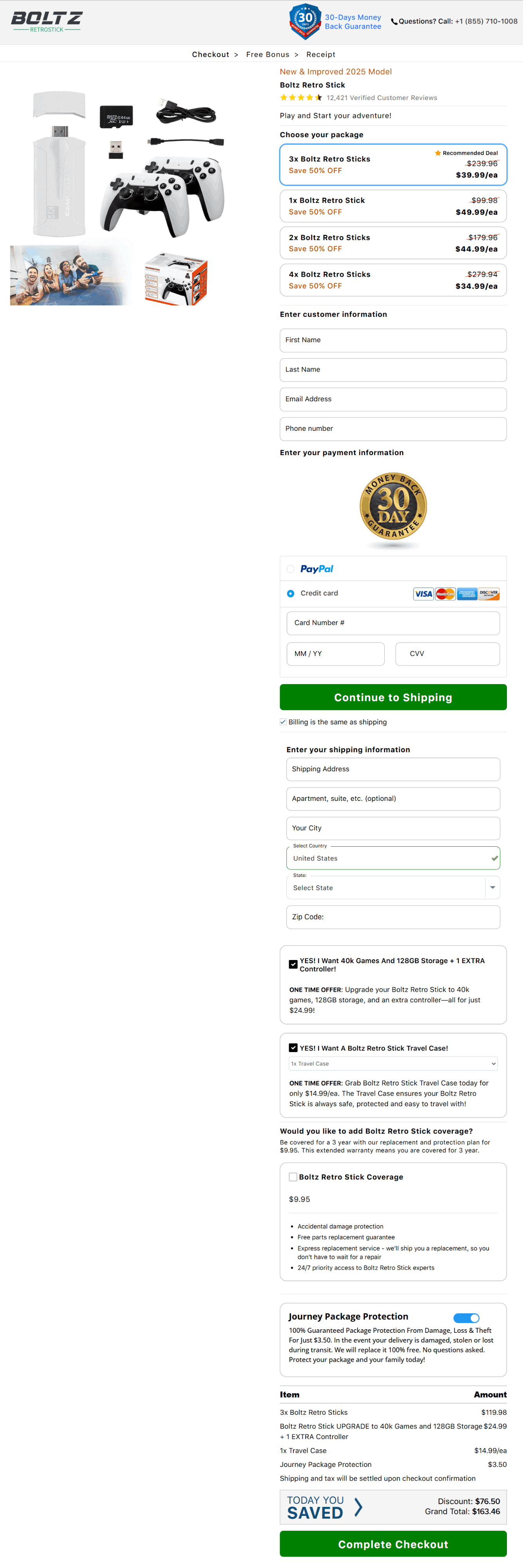 Boltz Retro Stick checkout page